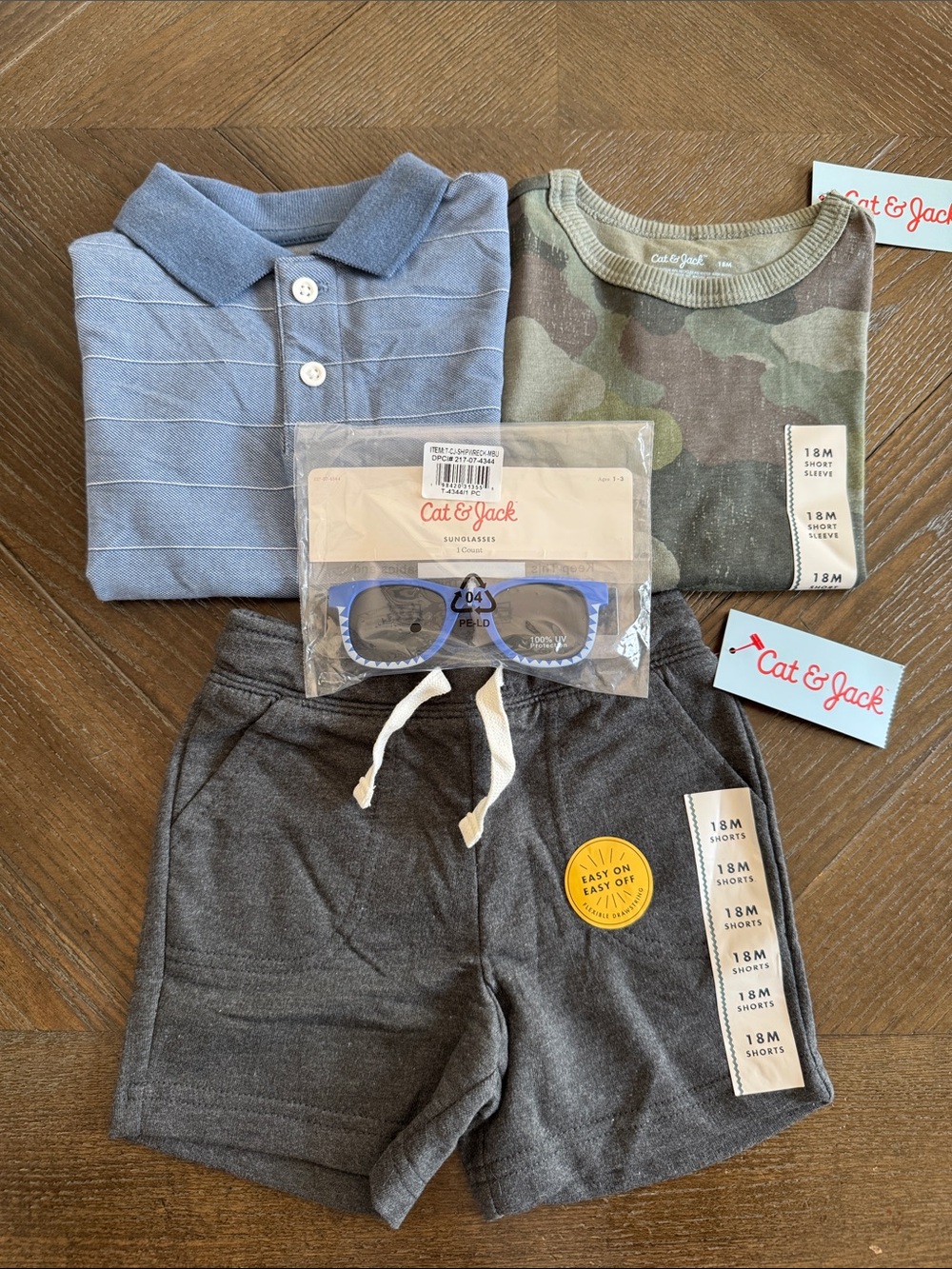 Cat & Jack Blue Polo, Camo Tee, Charcoal Shorts & Sunglasses 18 Months New NWT